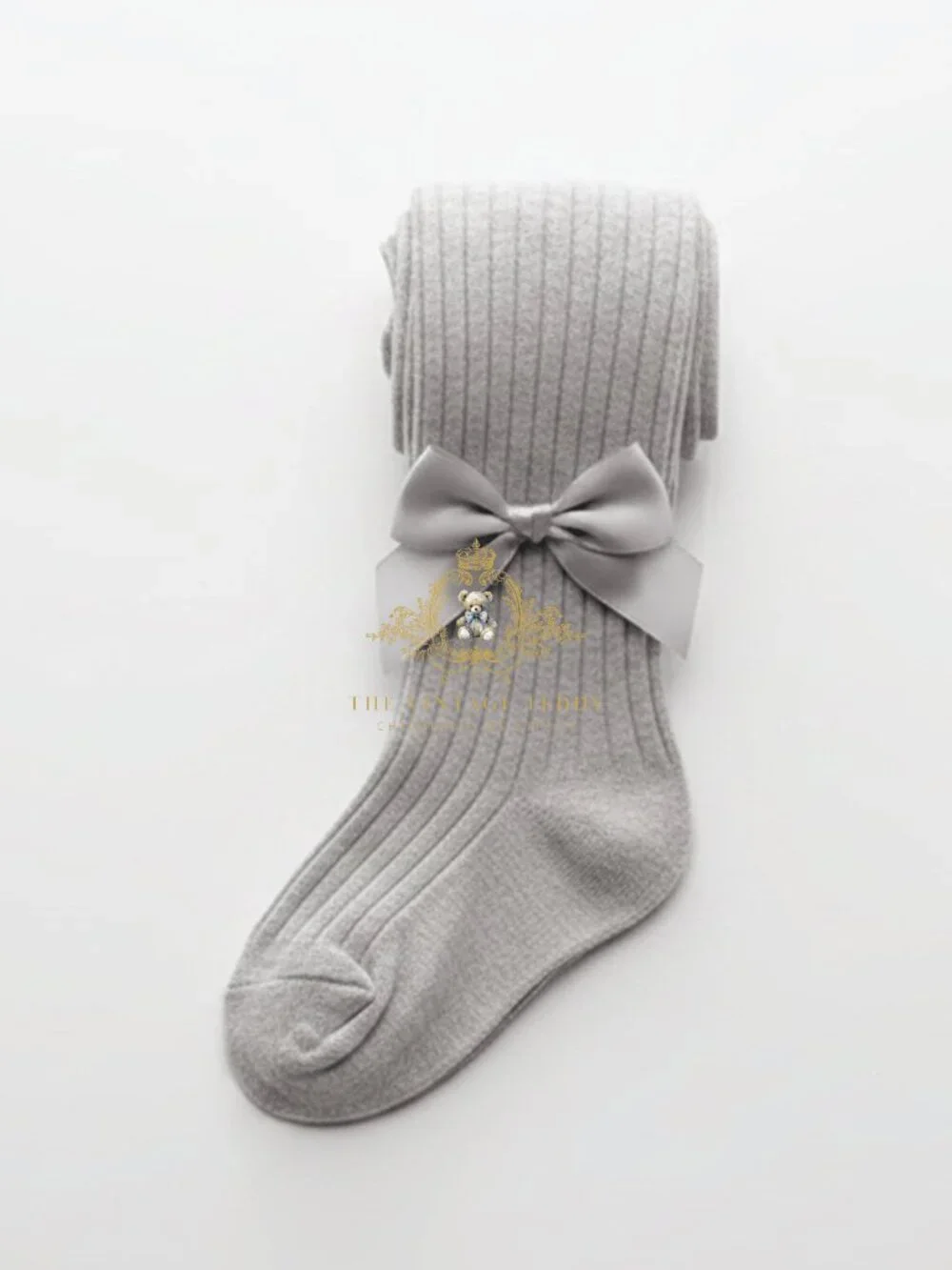 NWT Cute Little Girls Tights Children Stockings Kids Socks Satin Bow Gray 4-6Y